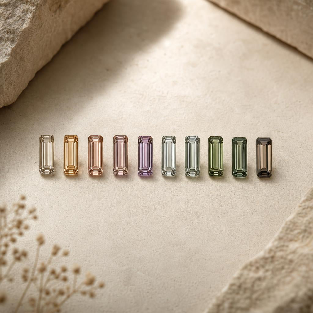 Row of rectangular baguette-cut gemstones on warm cream stone surface
