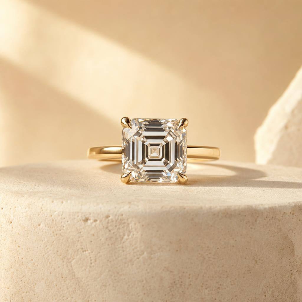 Square-cut faceted ring centered on warm cream stone background