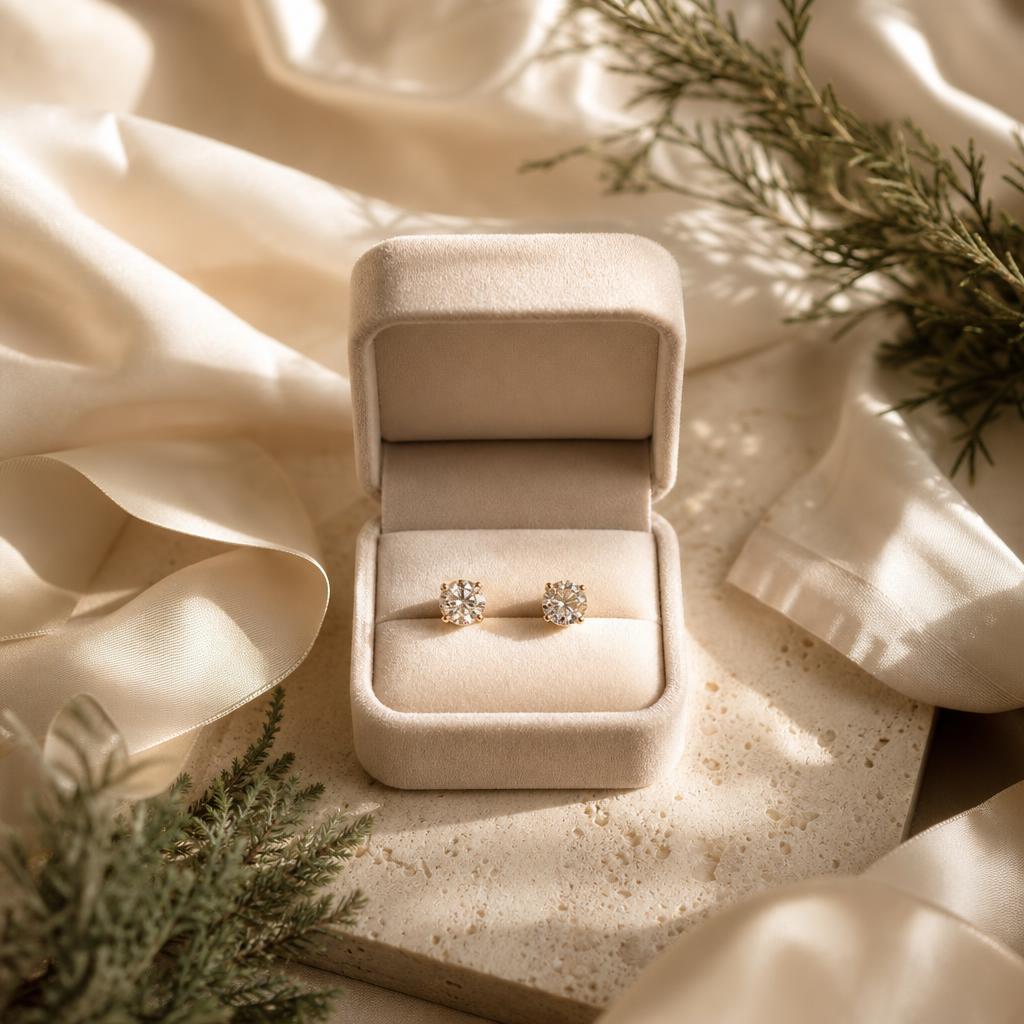 Open gift box with sparkling stud earrings on cream silk
