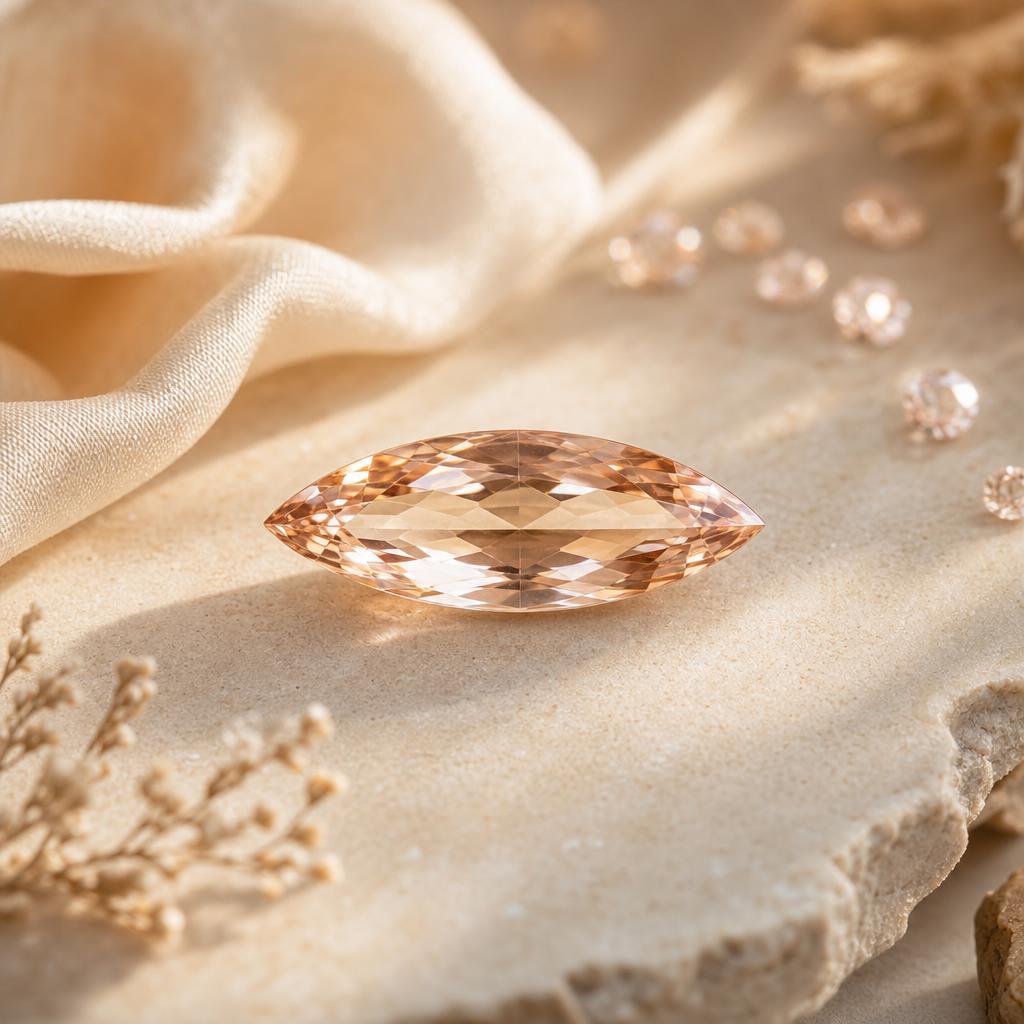 Marquise-cut gemstone resting on a warm cream stone surface in soft light