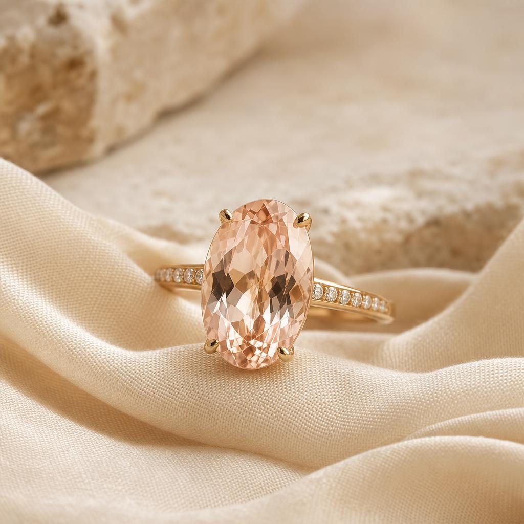 Oval-cut gemstone ring resting on warm cream silk in soft natural light