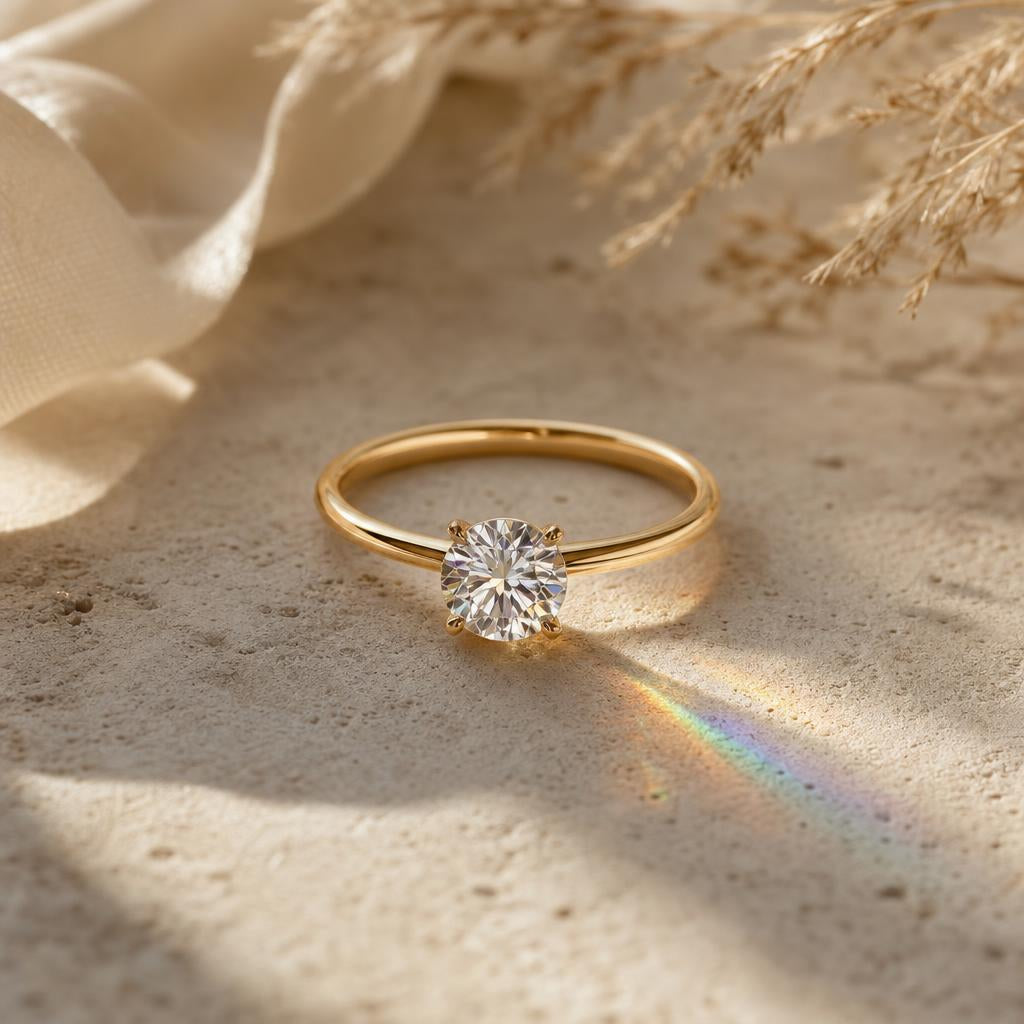 Solitaire moissanite ring on warm cream stone surface with soft light