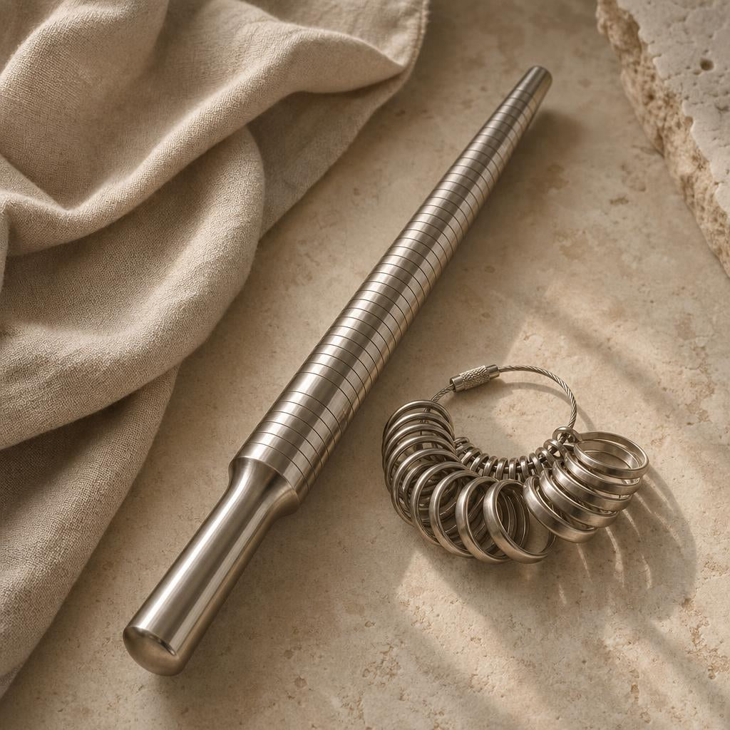 Ring sizing tools resting on a warm stone surface
