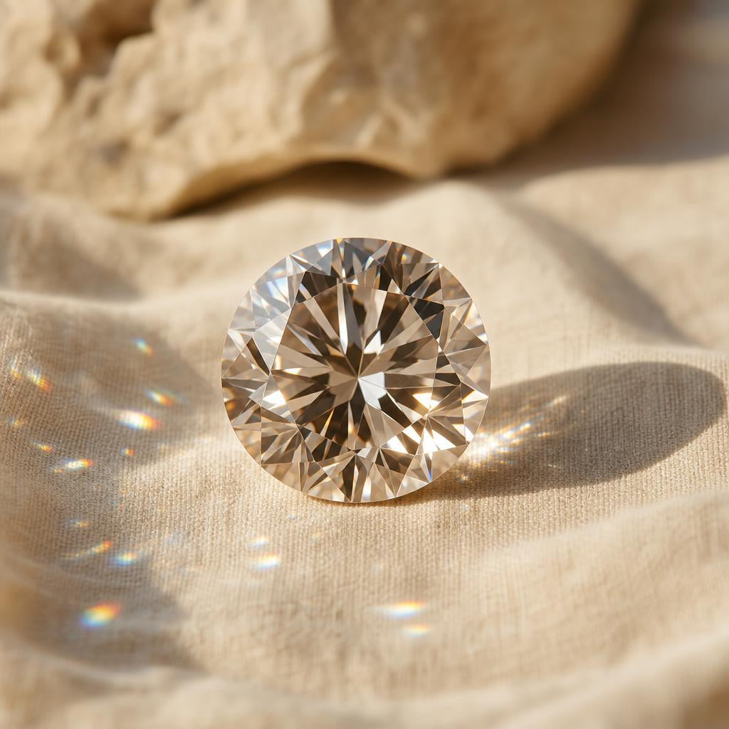 Large faceted gemstone catching warm light on a cream surface