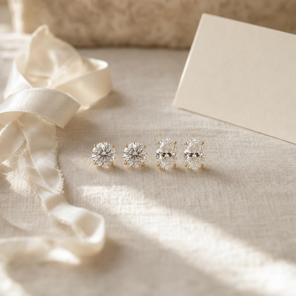 Pair of sparkling stud earrings on cream linen with a satin ribbon