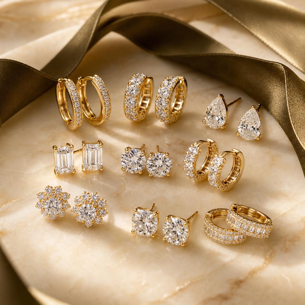 Sparkling stud and hoop earrings arranged on cream silk with gold ribbon