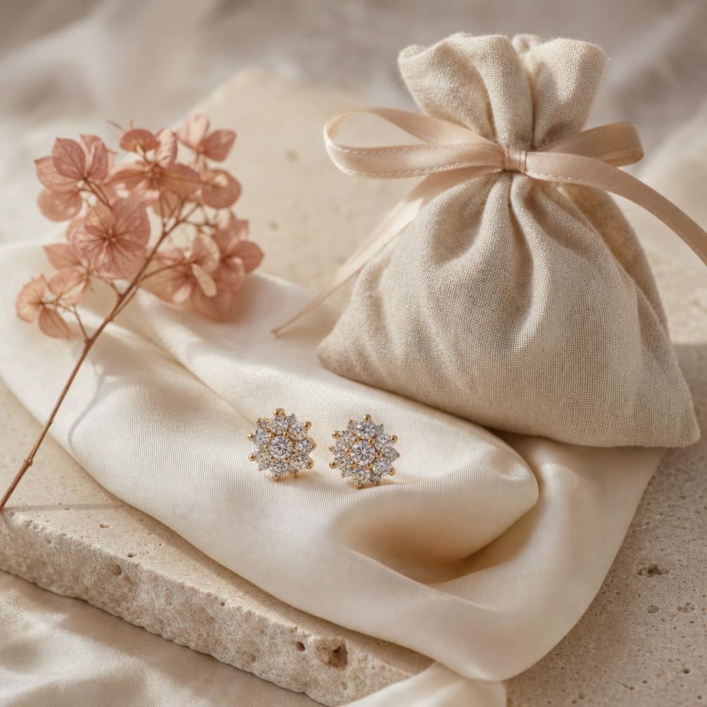 Pair of sparkling stud earrings on cream silk beside a ribboned gift pouch