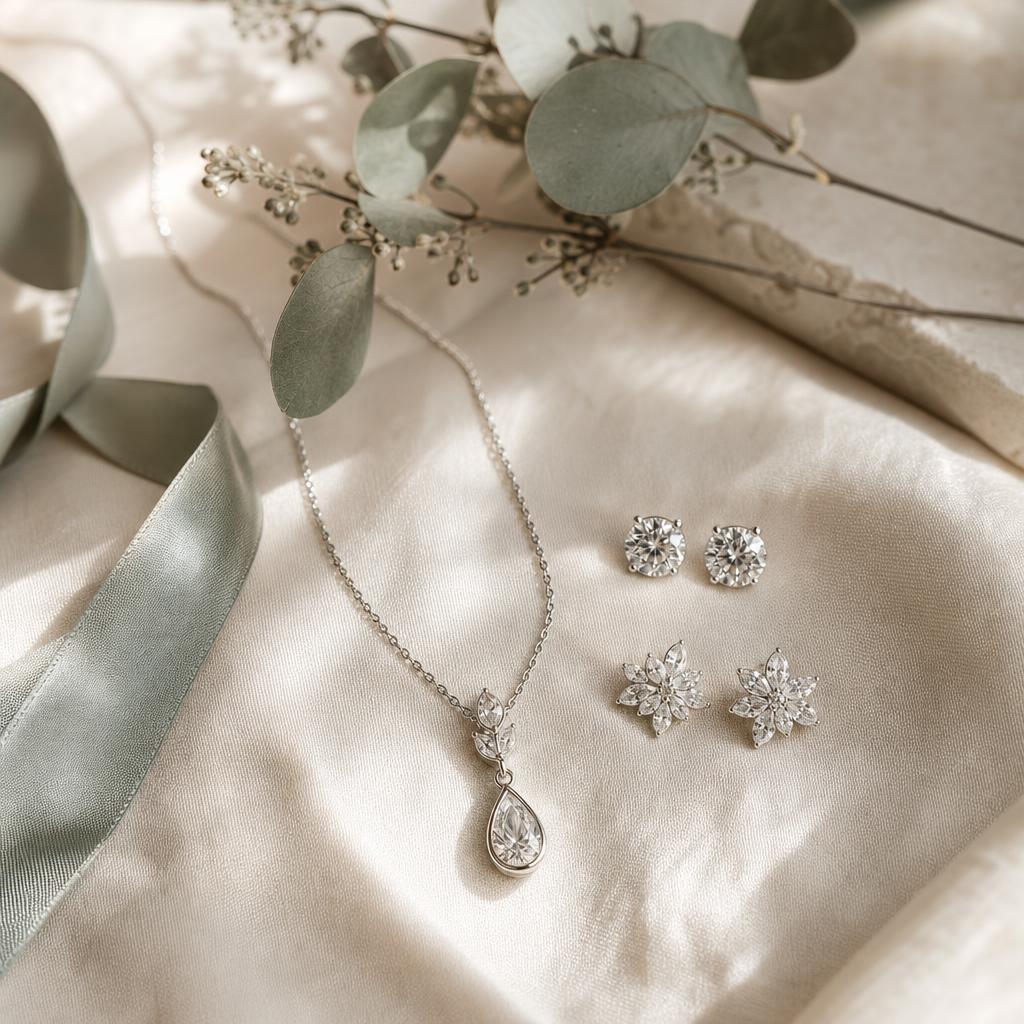 Silver pendant necklace and stud earrings on cream linen with eucalyptus