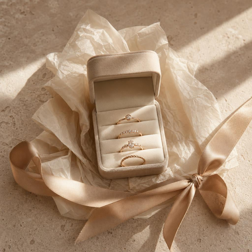 Open jewelry box with delicate rings nestled in cream tissue paper
