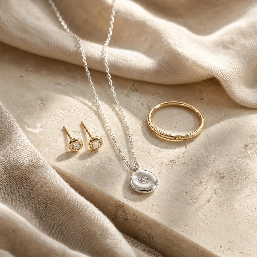 Silver and gold pendant, stud earrings and slim ring arranged on cream linen