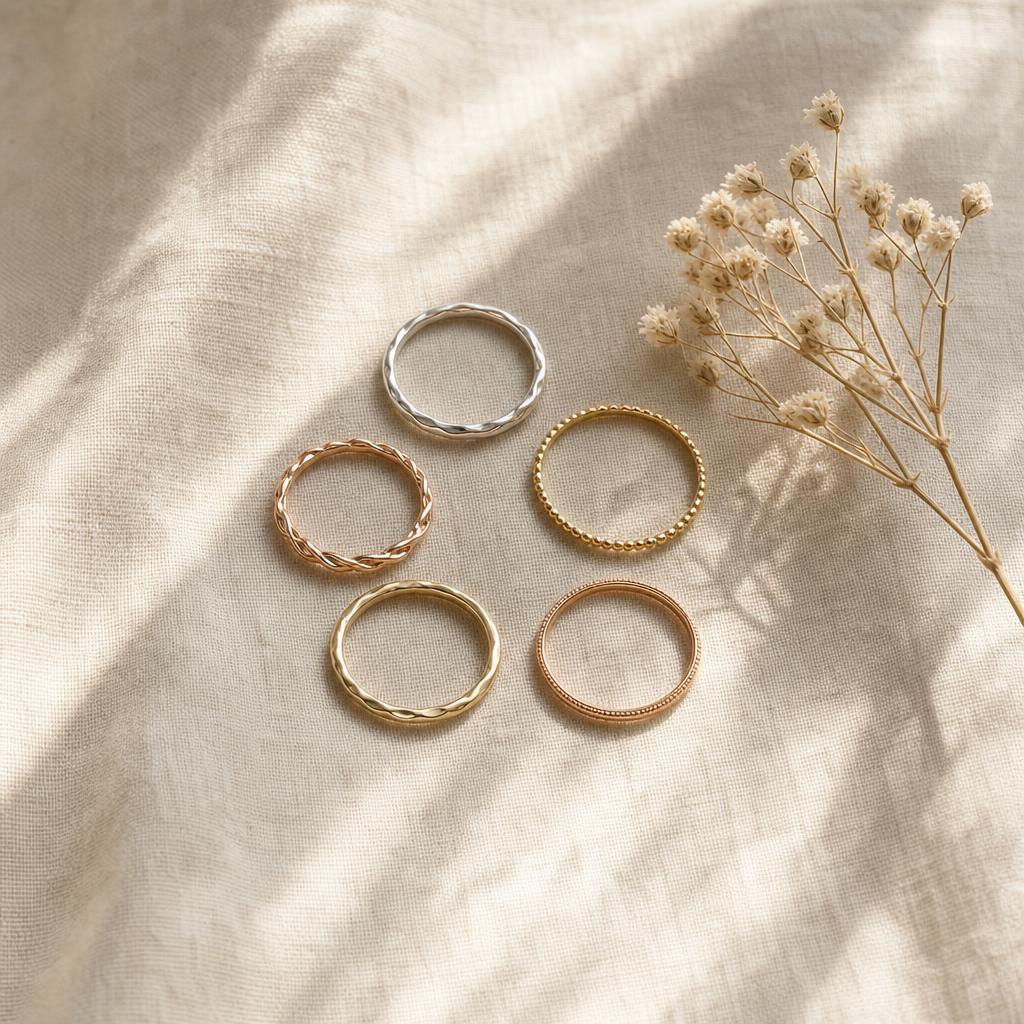 Mixed-metal stacking rings arranged in a spiral on cream linen