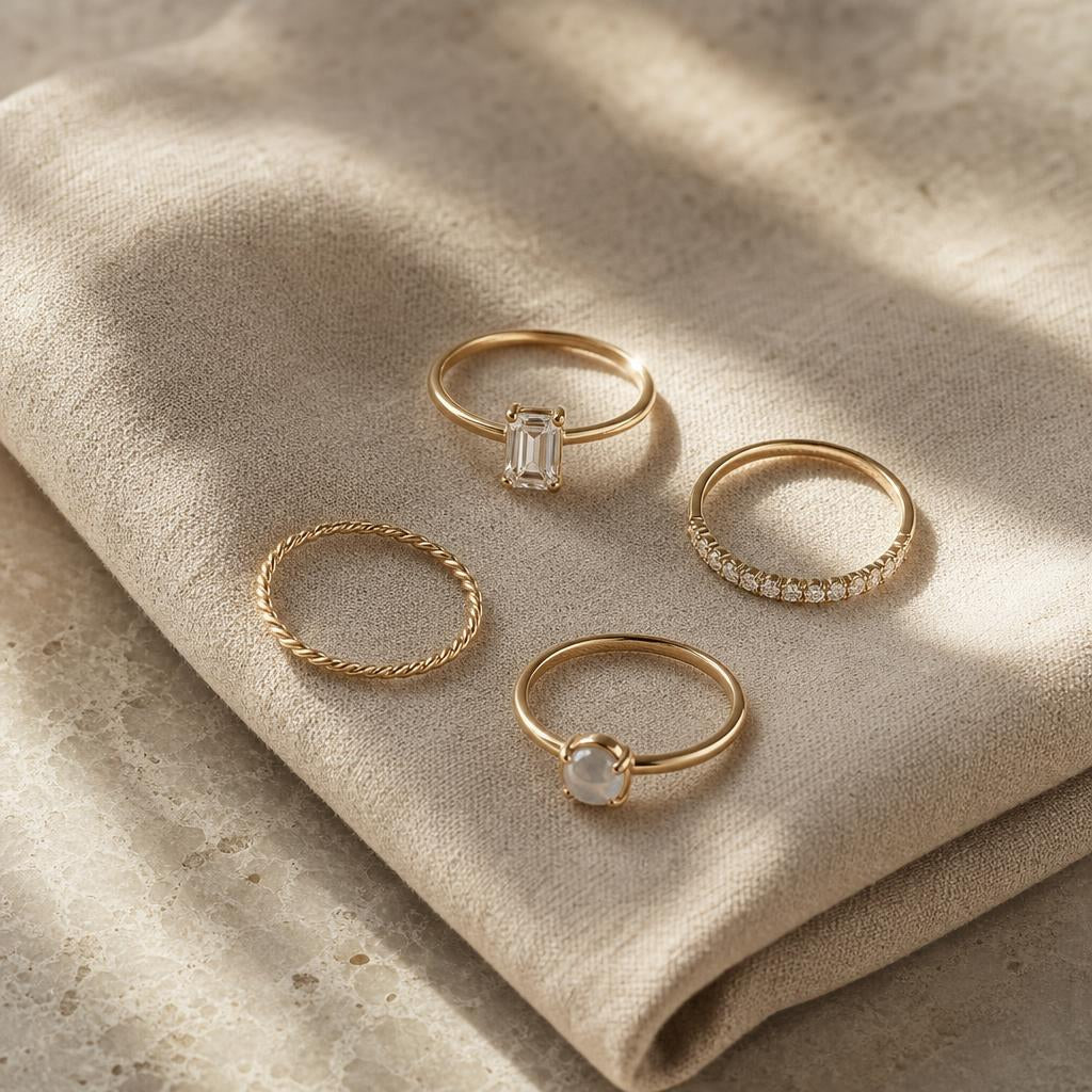 Curated flat-lay of delicate rings arranged on warm neutral linen