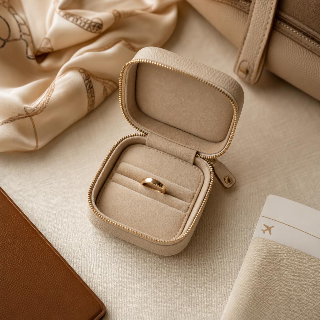 Polished ring resting in an open travel jewelry pouch on cream linen
