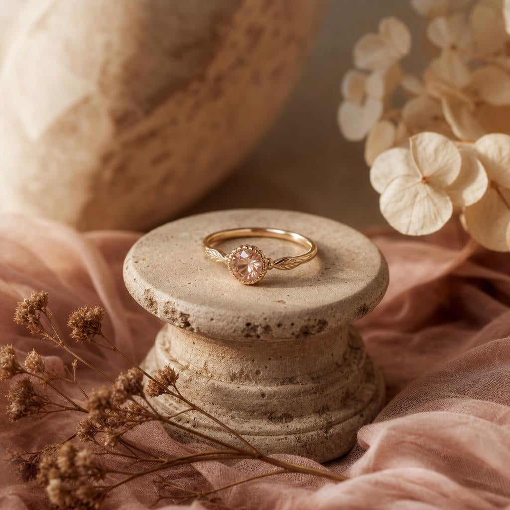A single ring resting alone on a stone pedestal with dried botanical stems