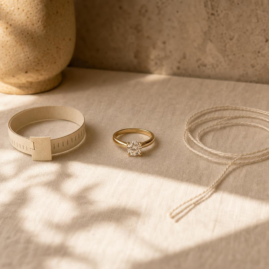 Simulated diamond ring beside a paper ring sizer and measuring string