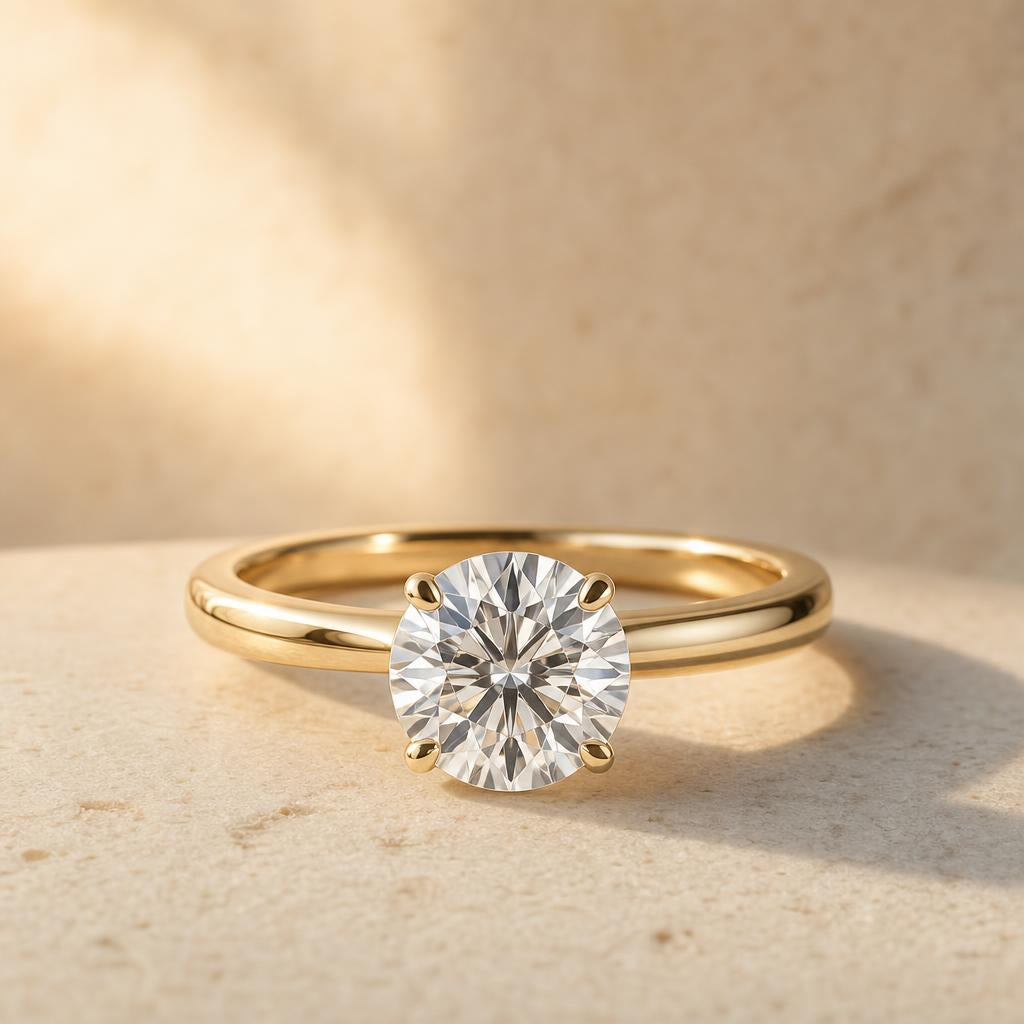 Brilliant-cut diamond ring centred on warm cream stone surface in soft natural light