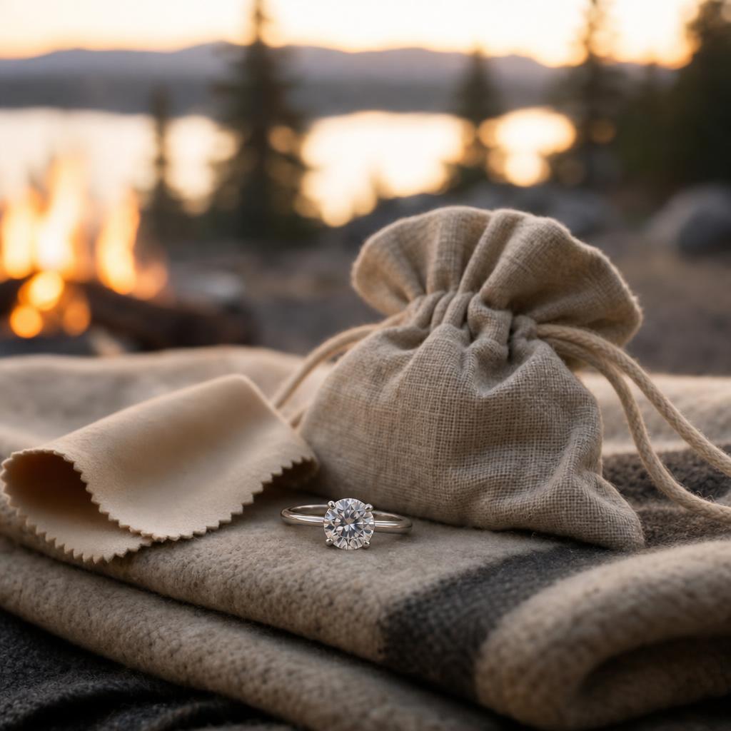 Round solitaire ring on a wool camp blanket beside a pouch at golden hour