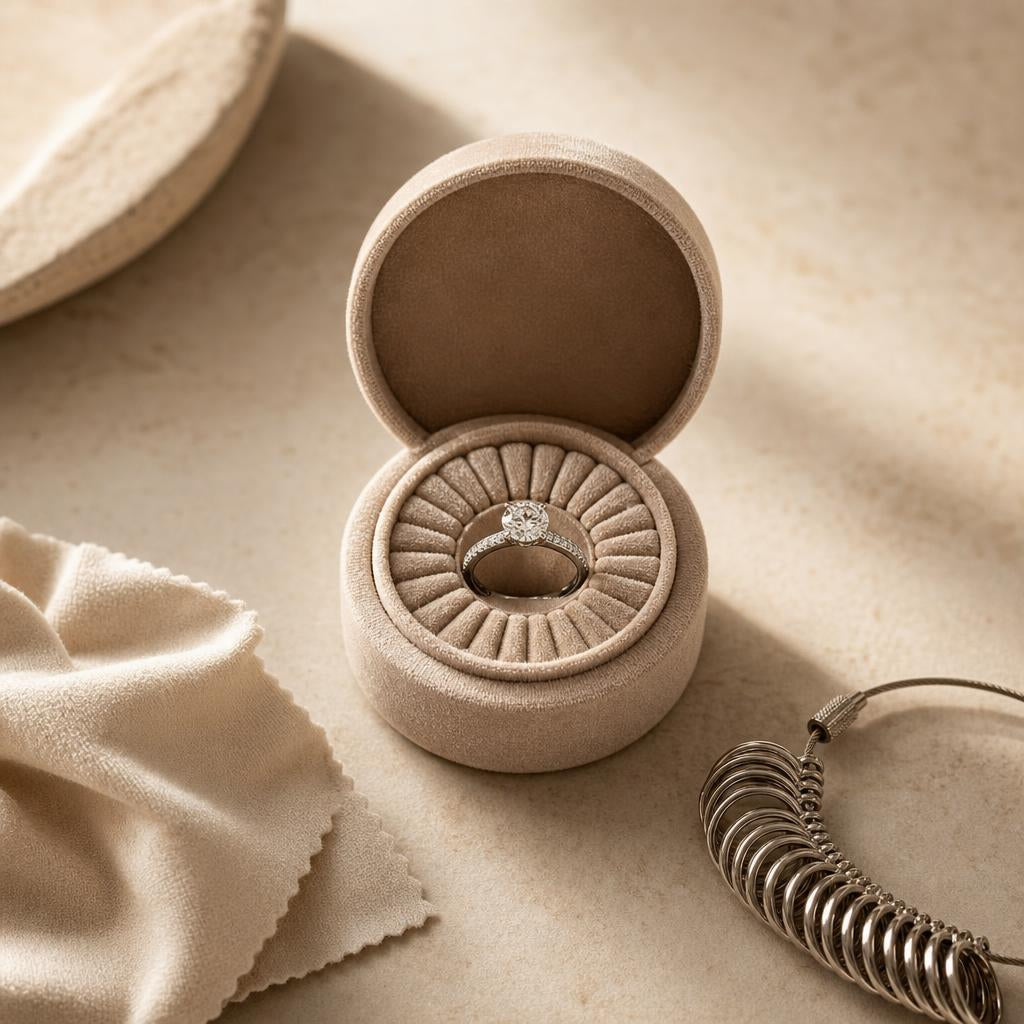 Diamond ring resting inside an open velvet ring sizer gauge