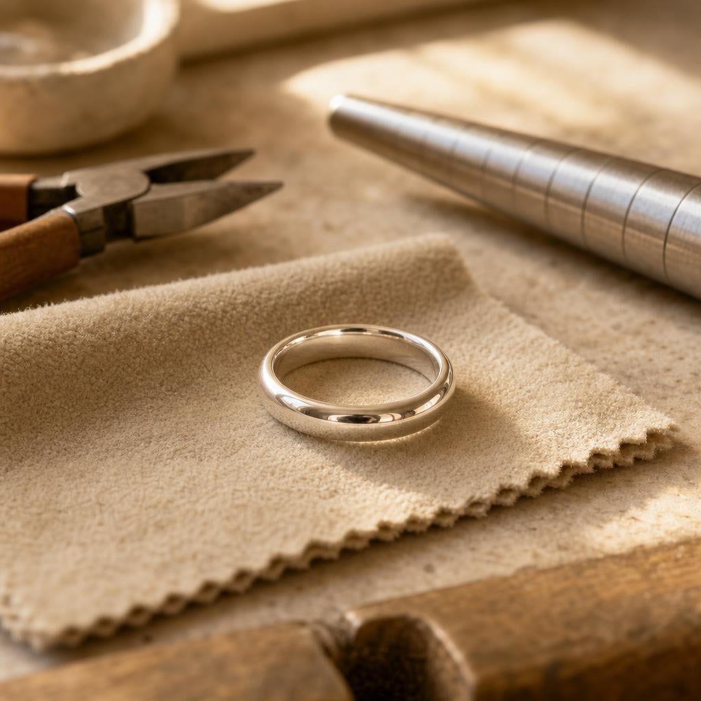 Polished silver ring resting on cloth at a jeweler's workbench