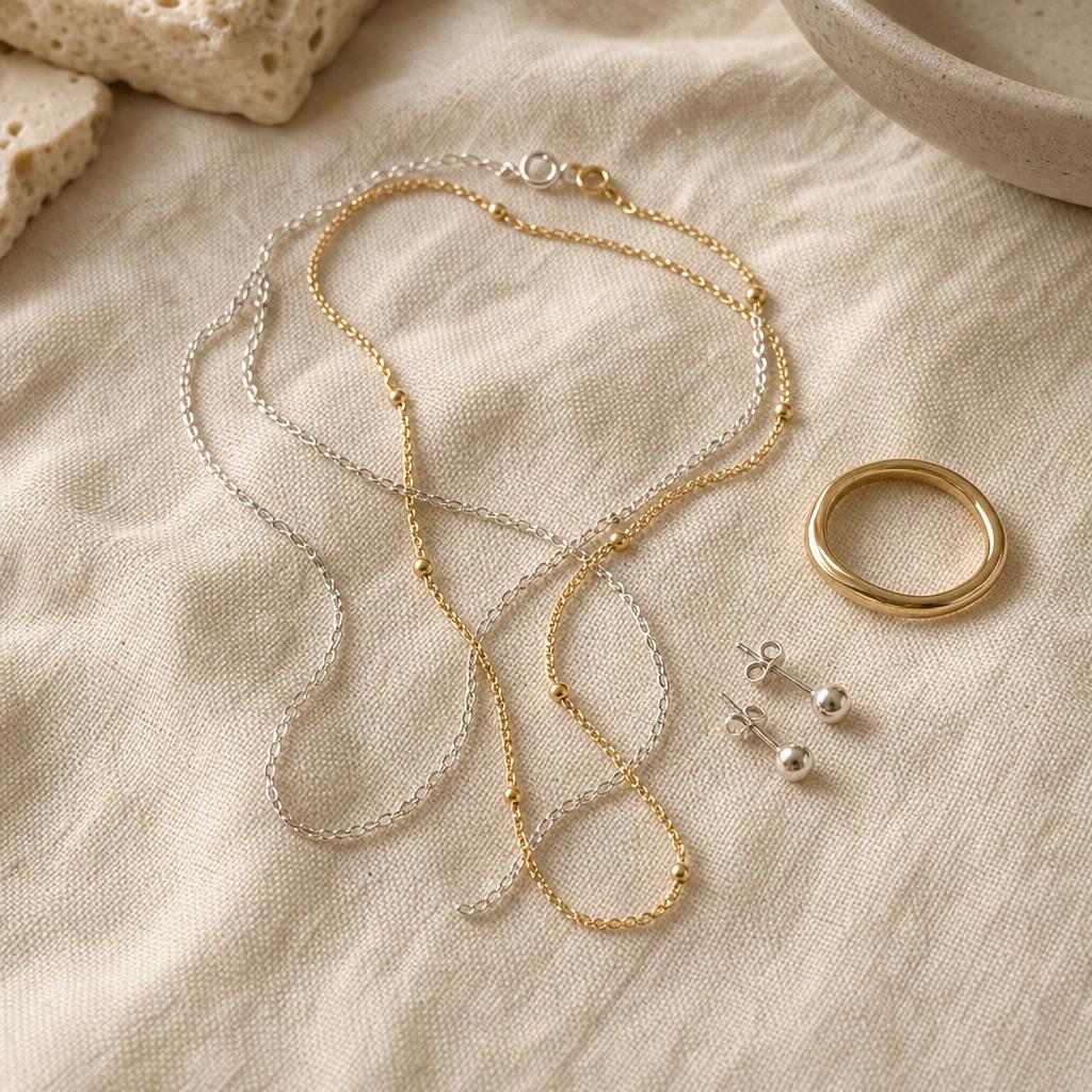 Silver and gold chain necklaces intertwined on cream linen with studs