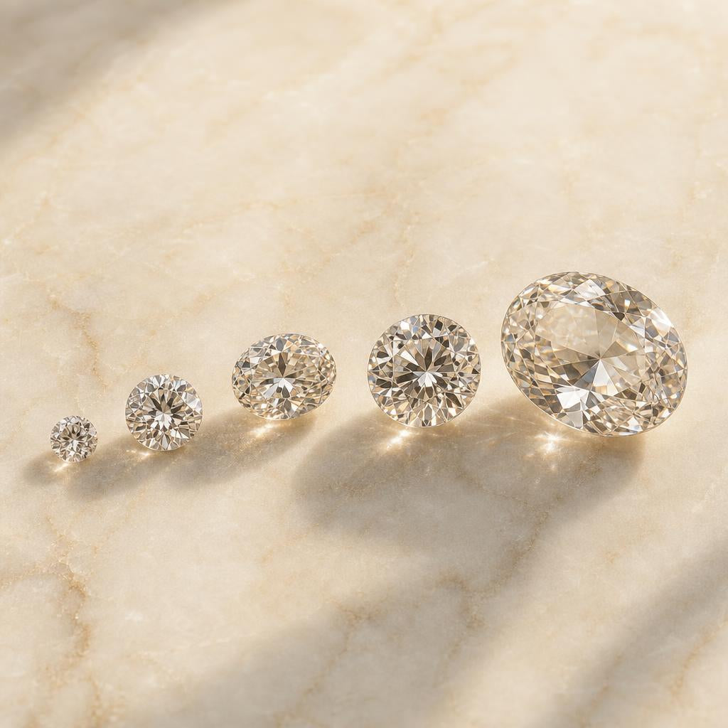 Polished round and oval gemstones of varying sizes arranged on cream marble surface