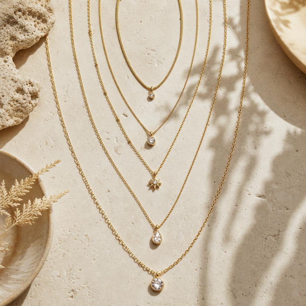Delicate pendant necklaces of varying lengths arranged in a soft fan on stone
