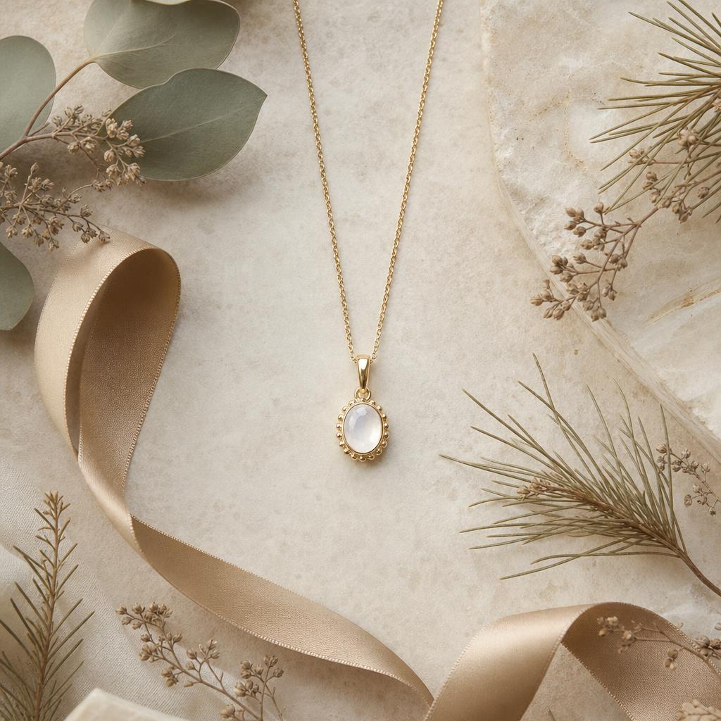 Delicate pendant necklace on cream surface with pine sprigs and gold ribbon