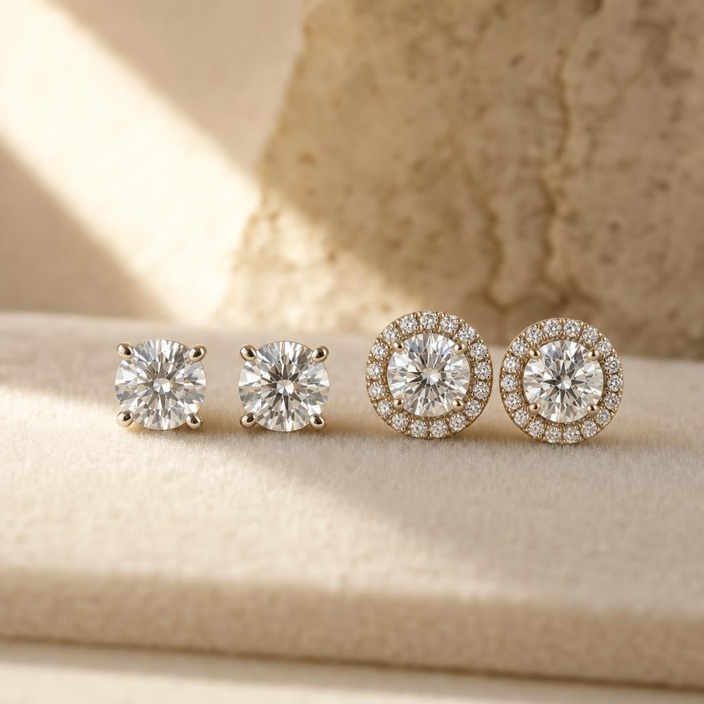 Solitaire and halo stud earrings displayed side by side for comparison