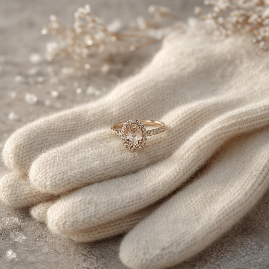 Diamond ring resting on a folded cream cashmere glove in soft winter light