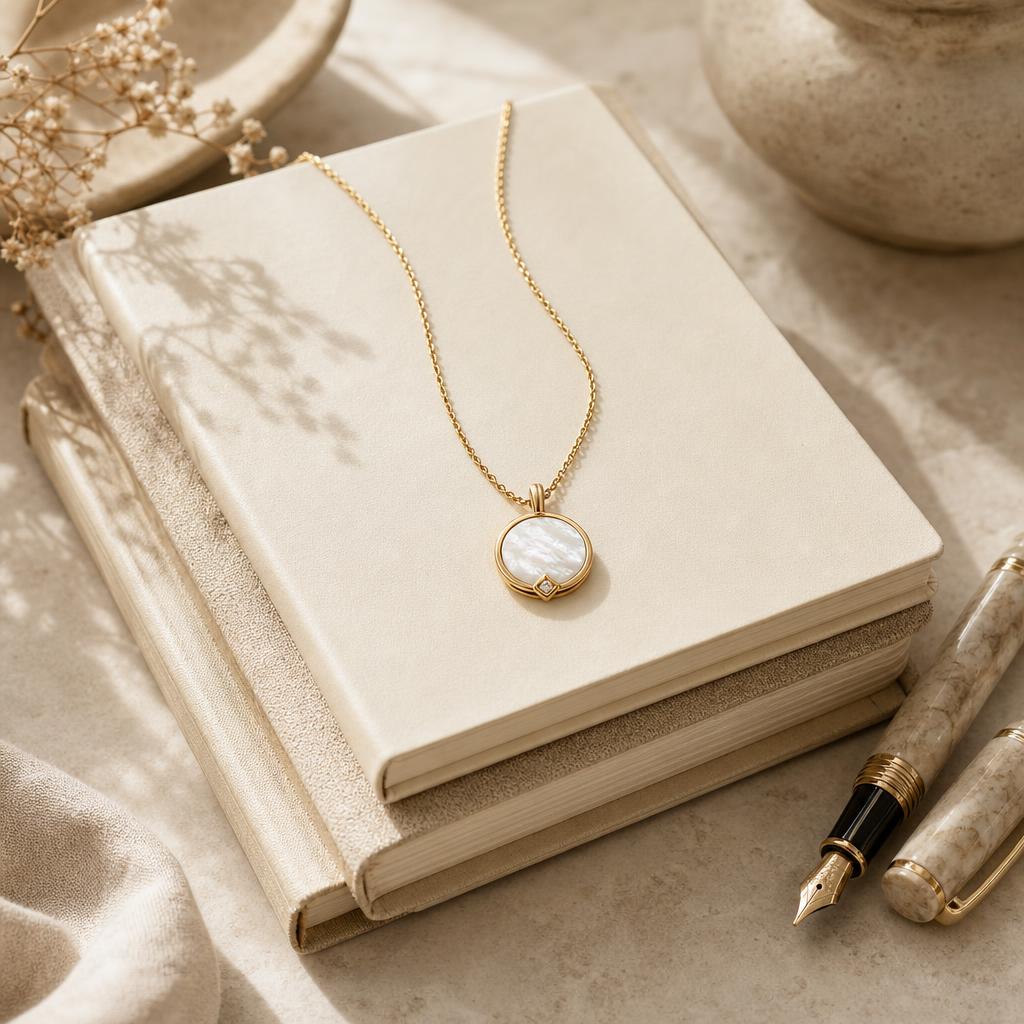 Delicate pendant necklace resting on a stack of cream notebooks beside a pen