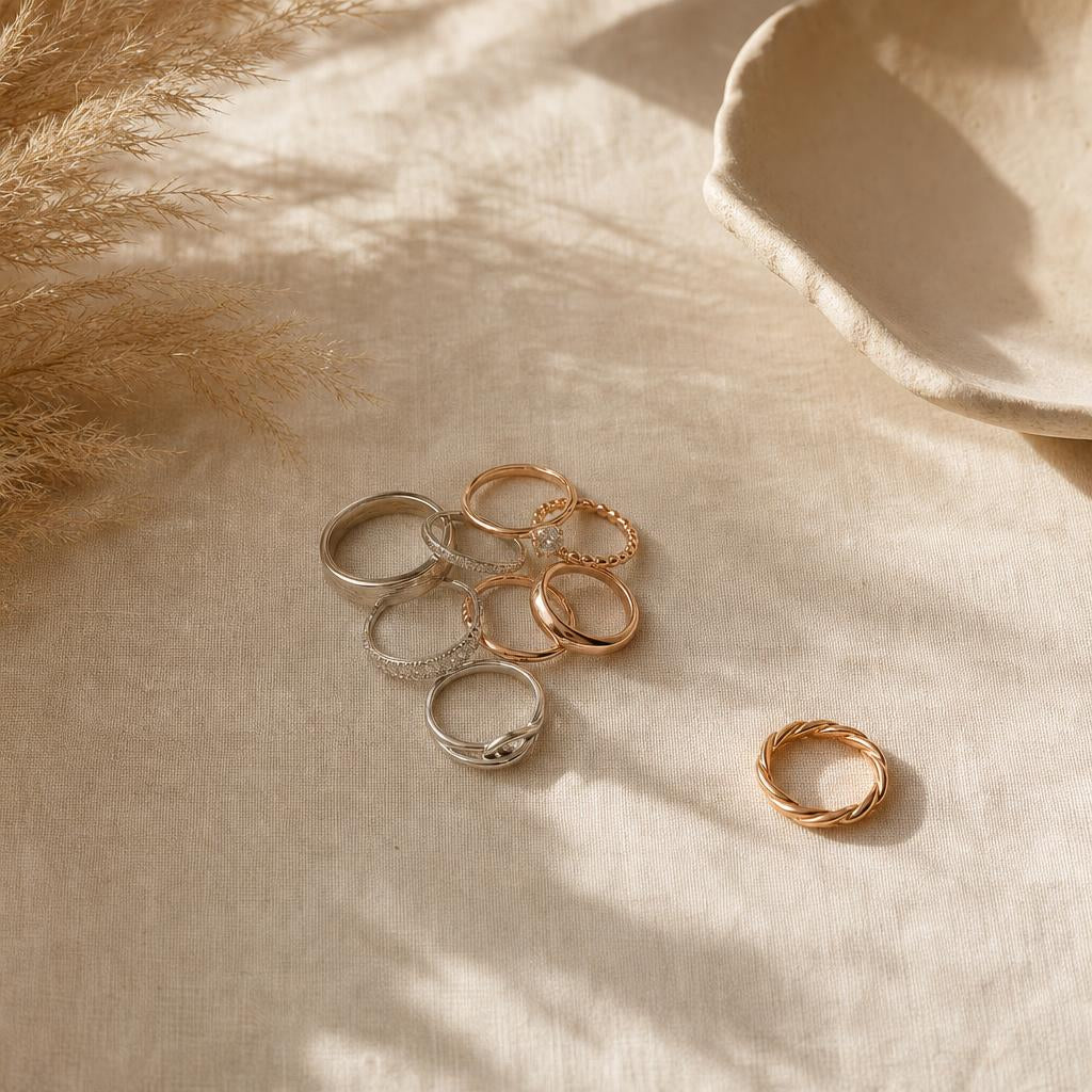 Assorted rings in silver and rose gold tones arranged on cream linen