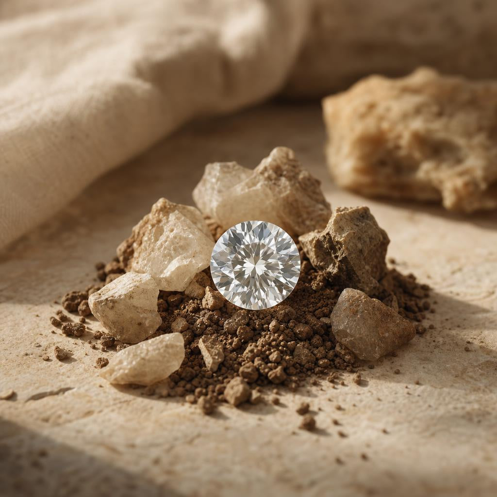 A faceted gemstone resting on raw mineral fragments and earth, warm editorial still life