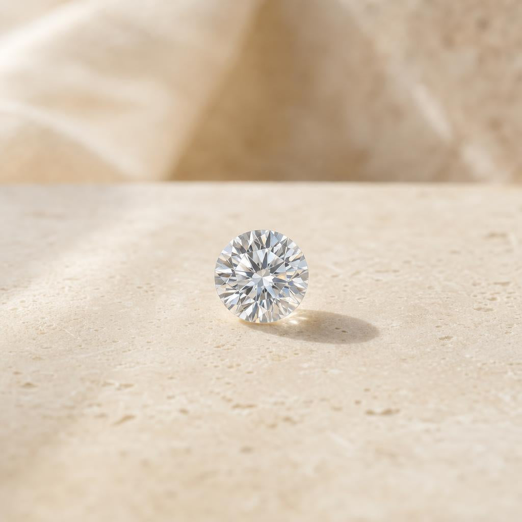 Clear faceted gemstone centered on a warm cream stone surface