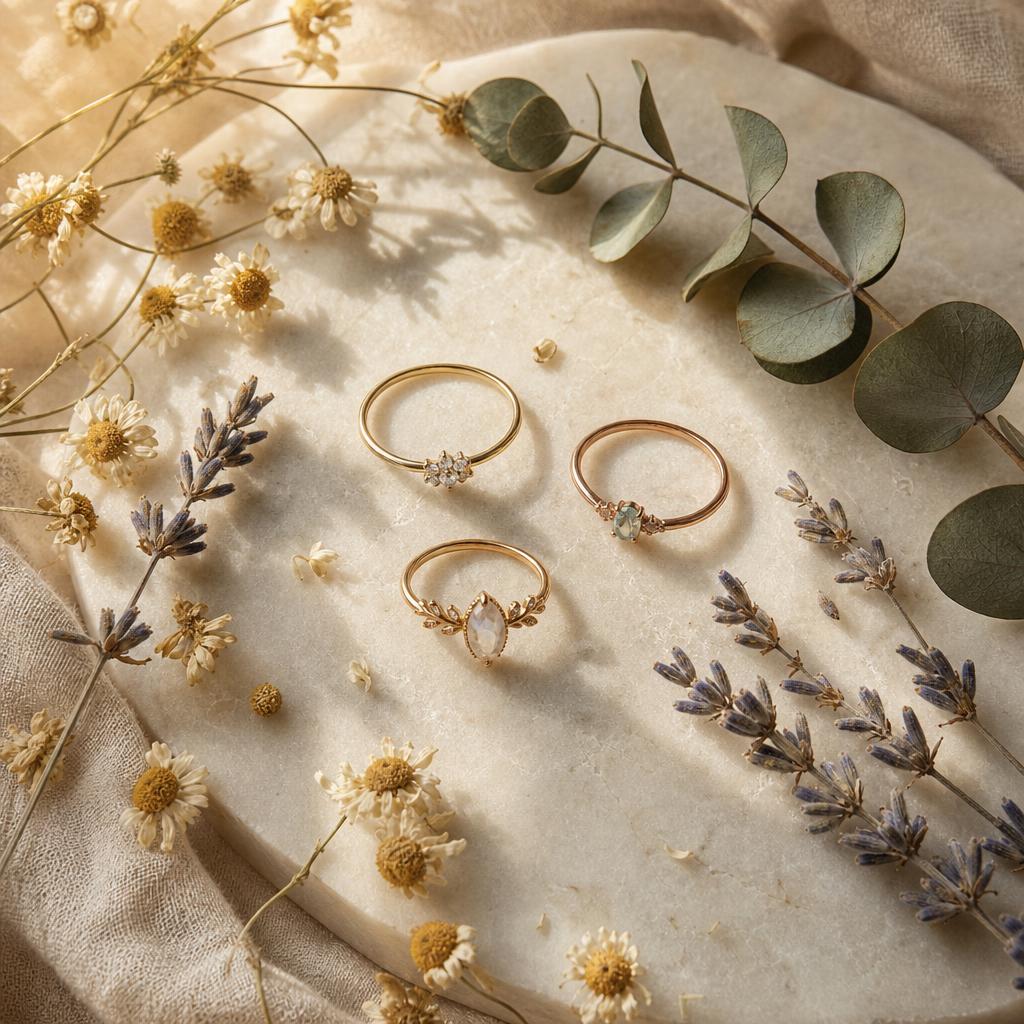 Three delicate rings on pale stone surrounded by dried chamomile, lavender and eucalyptus