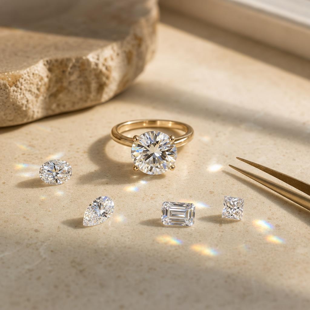 Round moissanite solitaire ring beside loose gemstones on cream stone surface