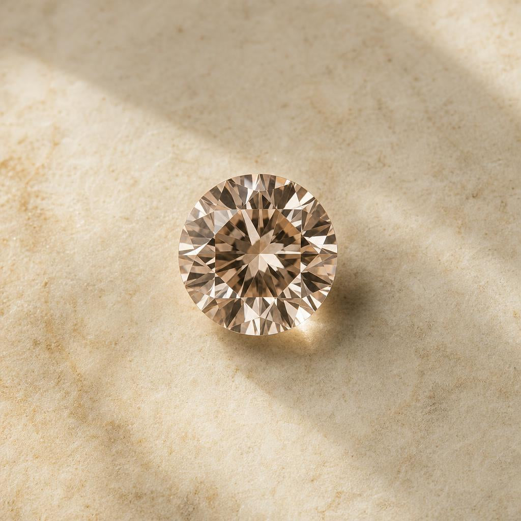 A single faceted gemstone catching warm light against a cream stone backdrop