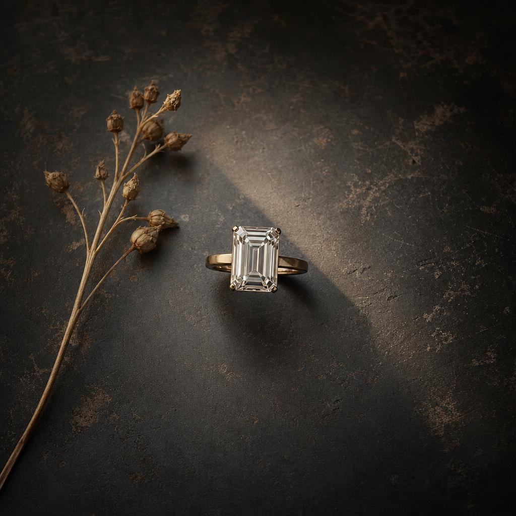 Step-cut diamond ring on dark slate with dried botanical stem