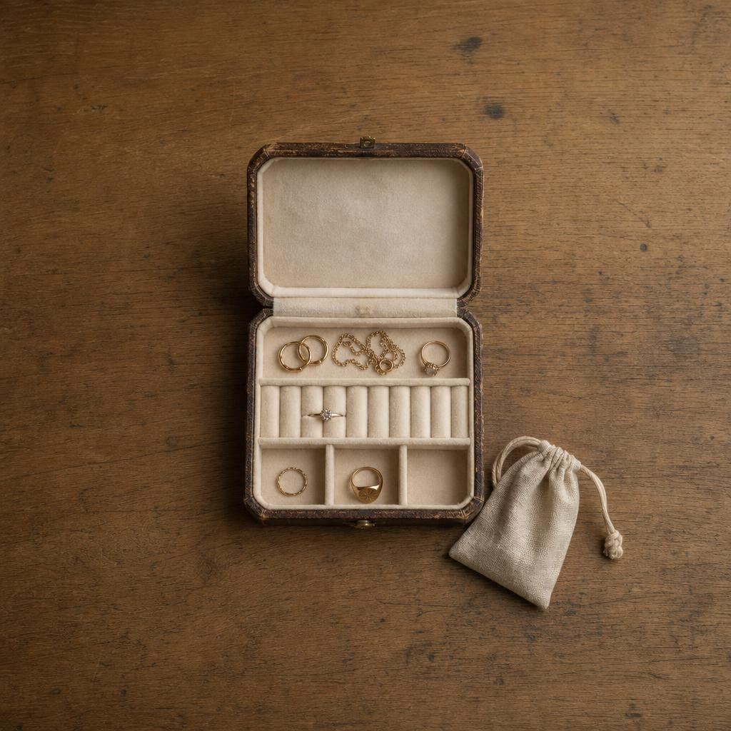 Open antique jewelry box with empty velvet slots on wood surface