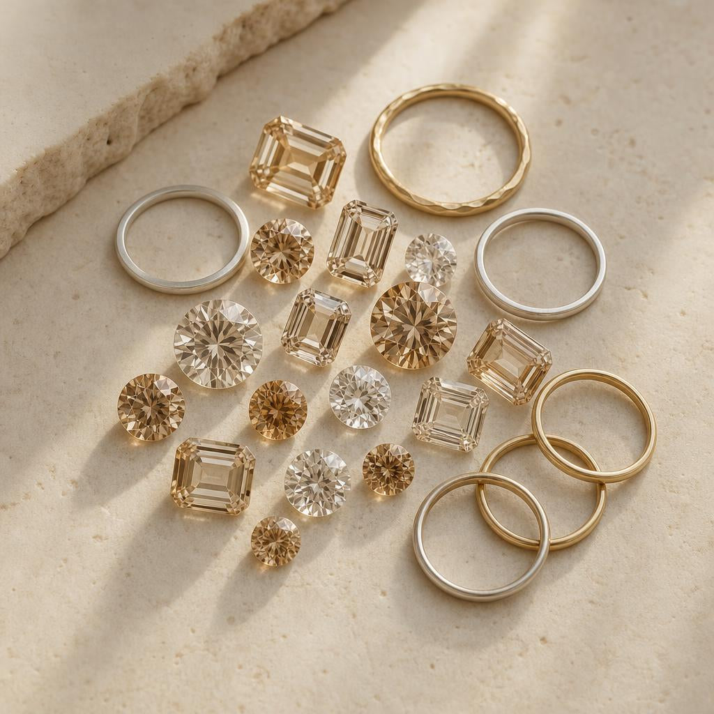 Loose faceted gemstones and unset ring bands arranged on a warm stone surface