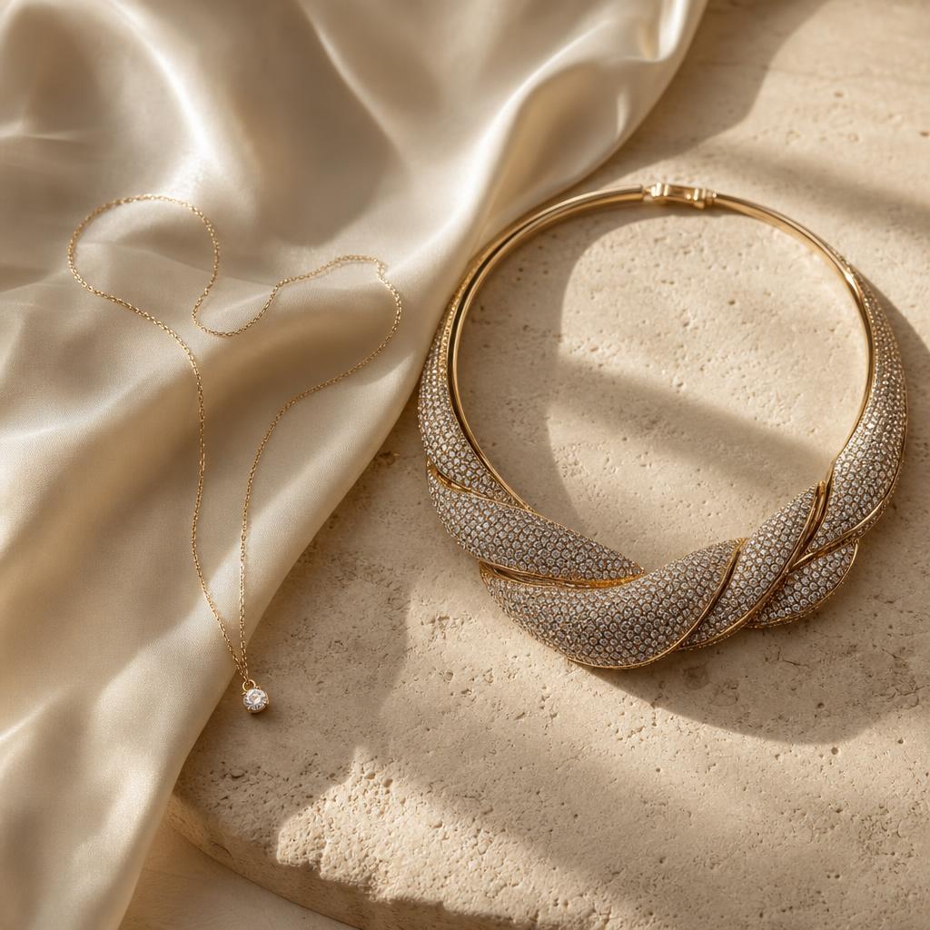 Delicate fine chain necklace beside a bold statement necklace on cream silk
