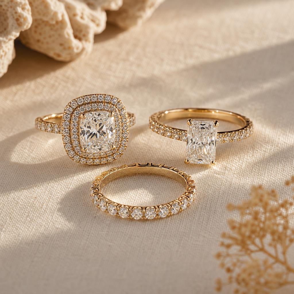 Three elegant simulated diamond rings on cream linen for a resort formal destination wedding