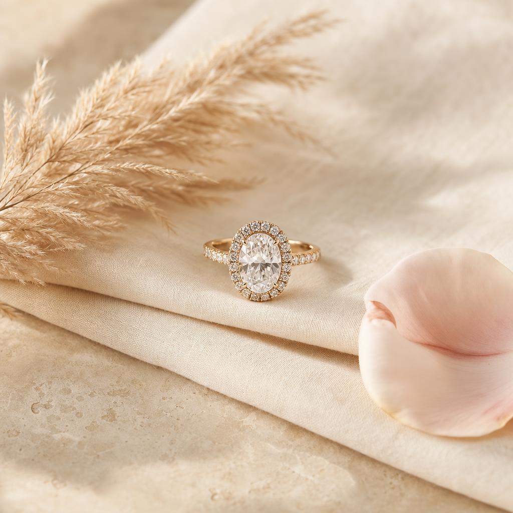Sparkling oval ring on cream linen beside dried pampas grass and peony petal