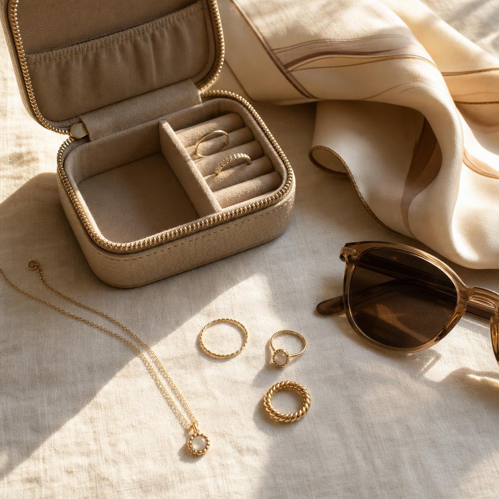 Delicate rings and a necklace on cream linen beside a travel pouch