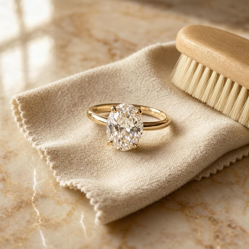 Moissanite ring resting on a cloth beside a cleaning brush