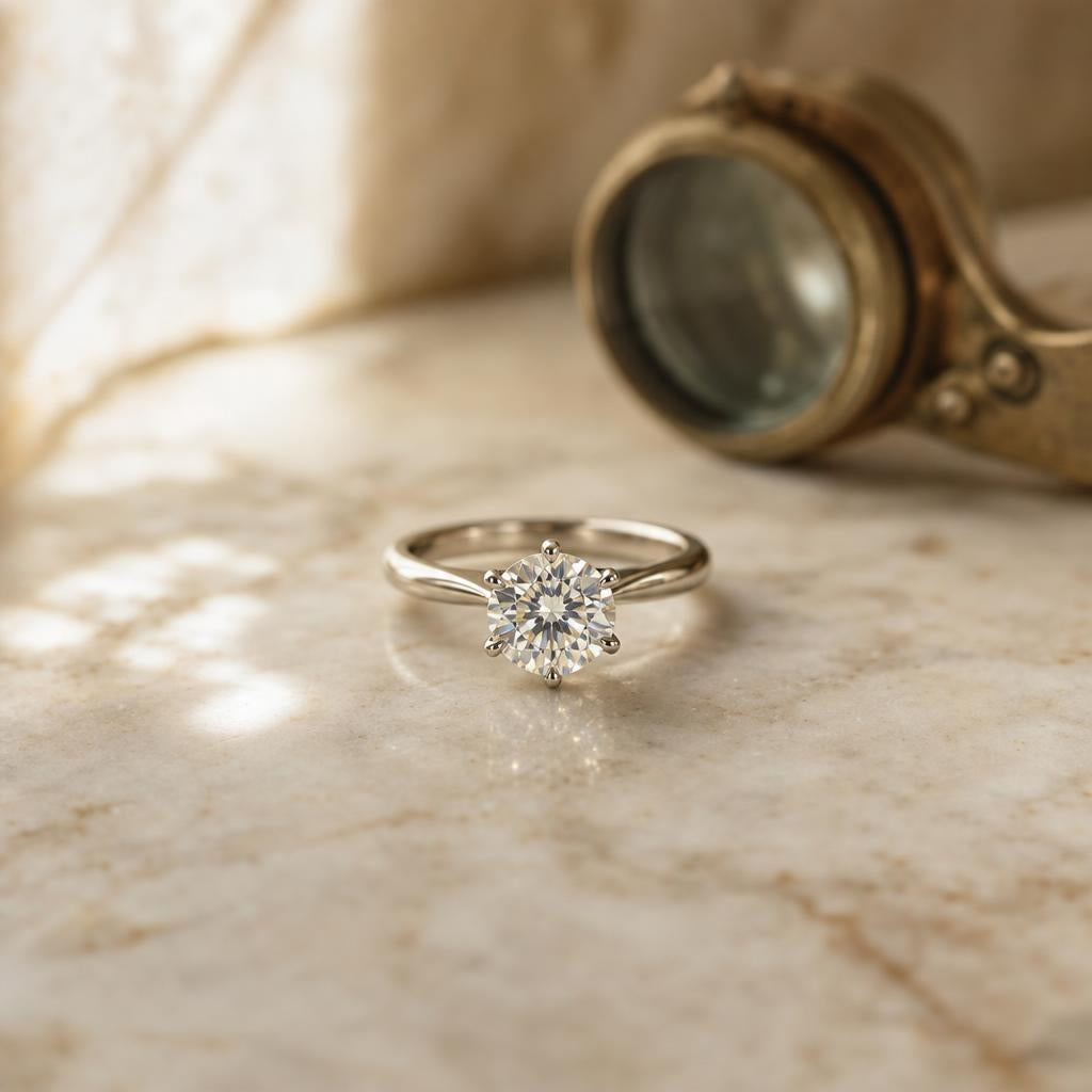 Solitaire ring beside a vintage jeweler's loupe on warm marble