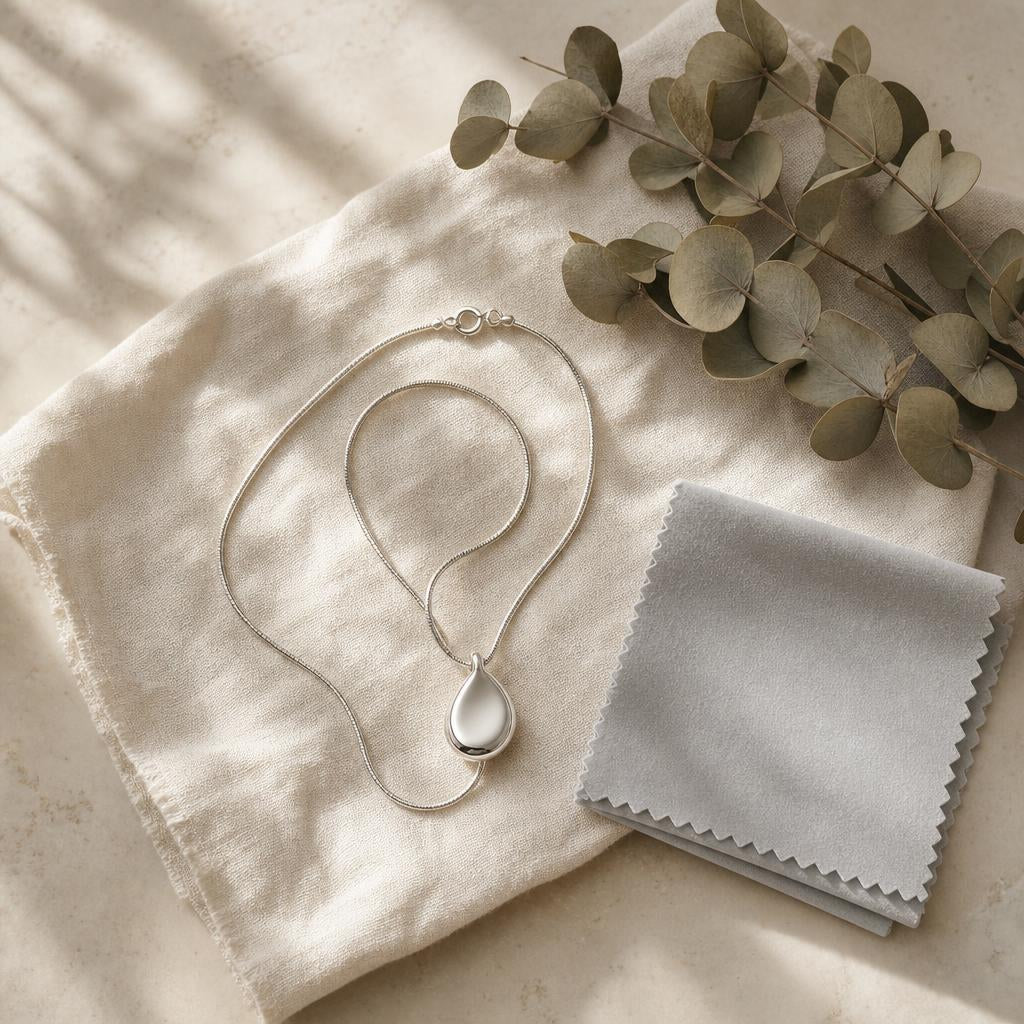 Silver necklace coiled beside a polishing cloth on cream linen