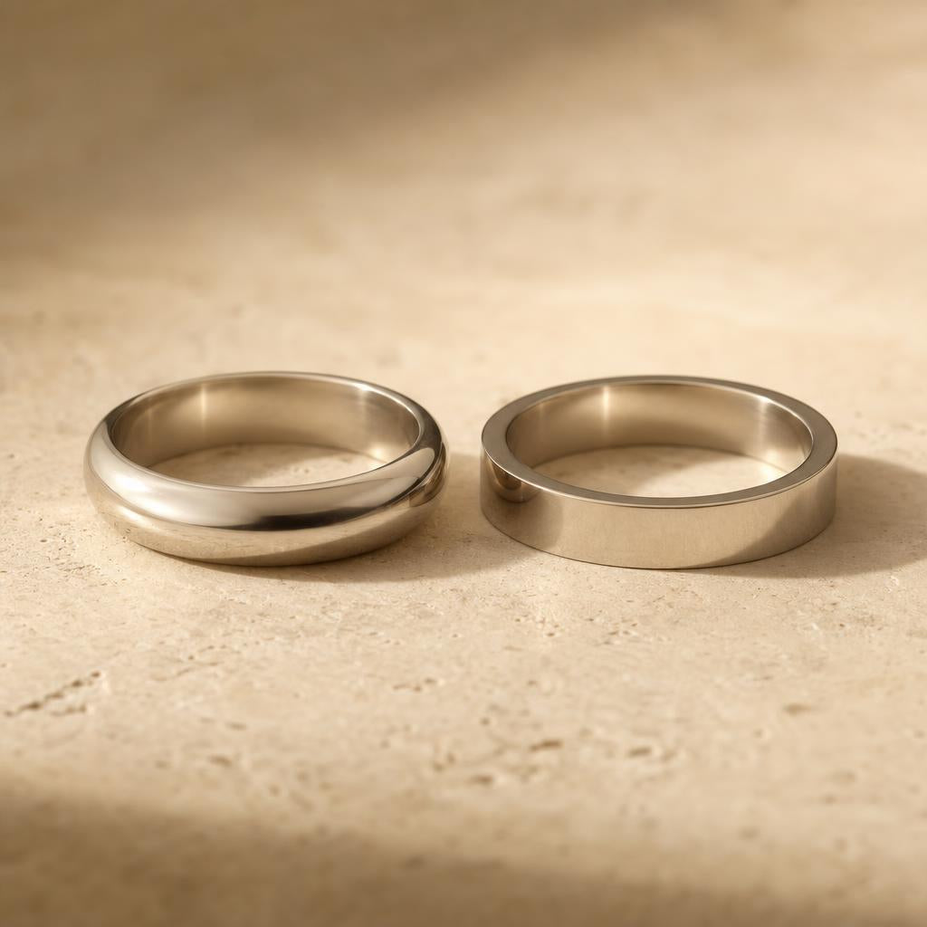 Two wedding bands side by side showing domed and flat metal profiles