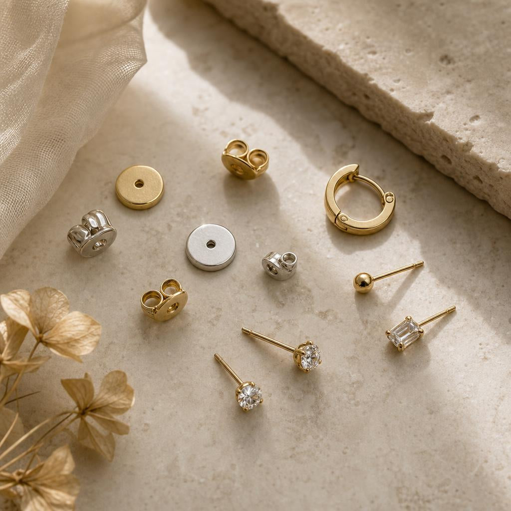 Editorial flat lay of loose earring backs and small stud earrings on warm stone