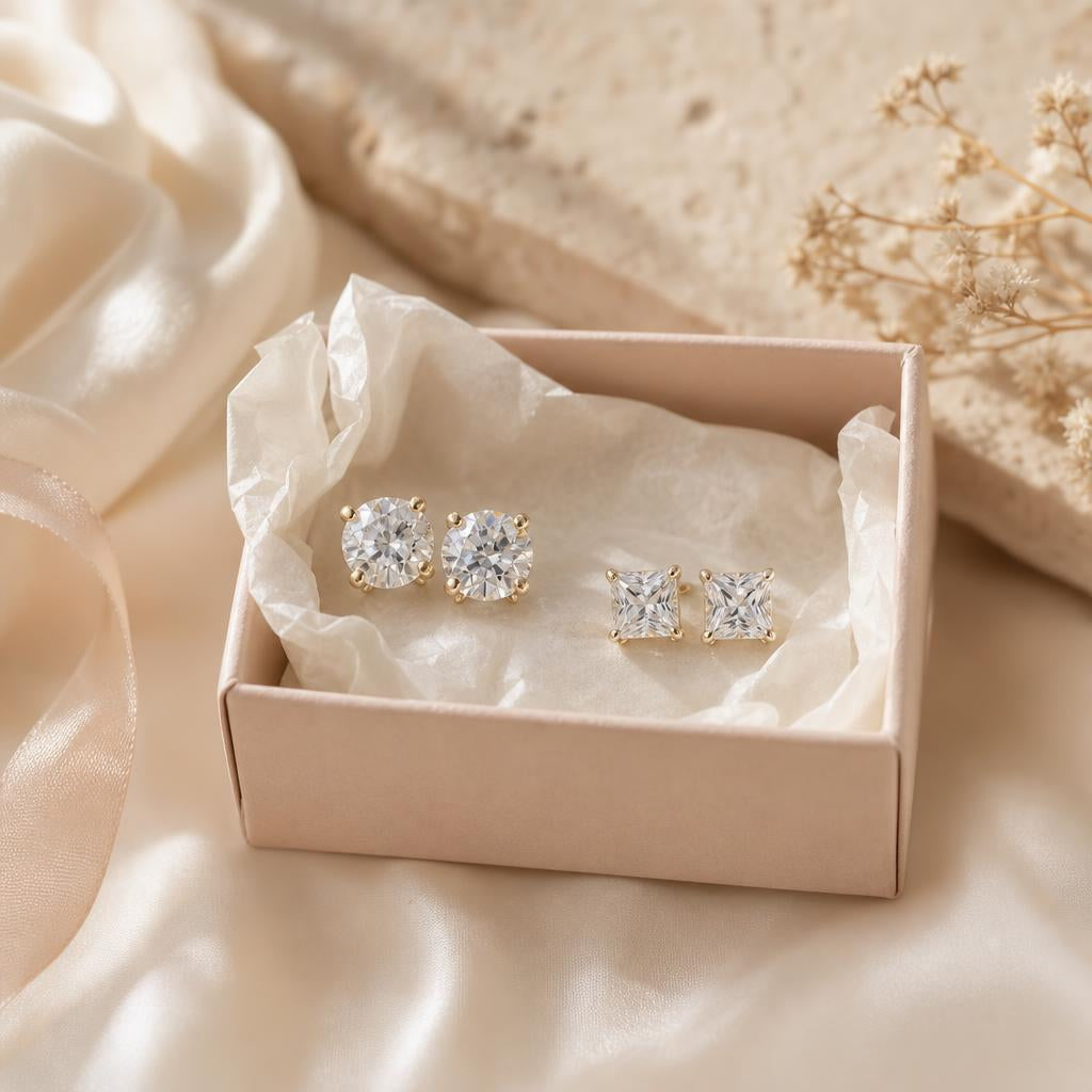 Open gift box revealing two pairs of sparkling stud earrings