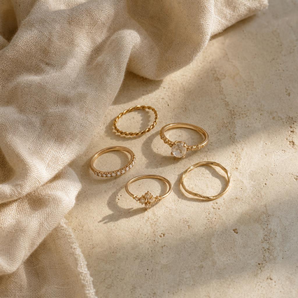 Small cluster of rings arranged casually on warm cream stone surface